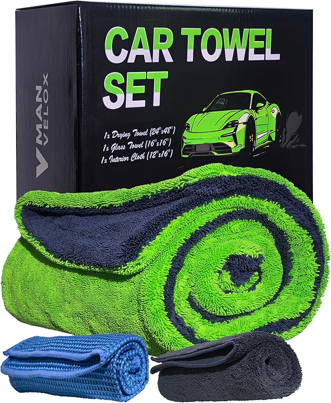 Upgraded 1600GSM Car Drying Towel 3-Pack Kit – 48"x24" Twist Loop Microfiber Towel for SUVs Trucks, Includes Glass Cloth & Interior Wipe – Absorbent Lint-Free Scratch-Free Towels Set