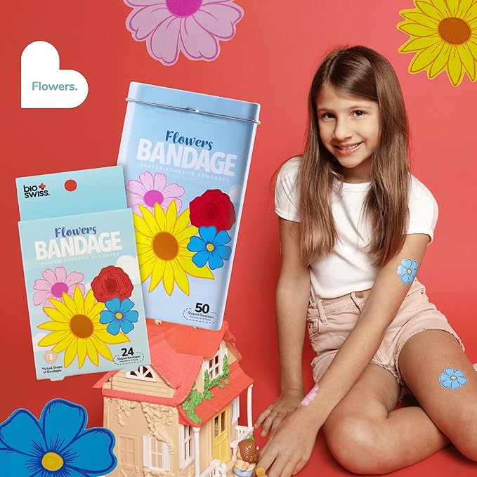 BioSwiss Kids Bandages, Flowers Shaped Self Adhesive Bandage Set, Latex Free, Sterile Wound Care, 50 Count