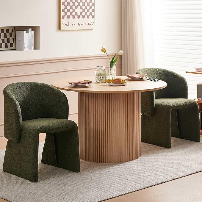 3-Piece Dining Table Set for 2, Modern Round MDF Kitchen Table with Two-Part Tabletop, Oak Finish, Stylish Living Room Table and 2 Cozy Dining Side Chairs Upholstered Set