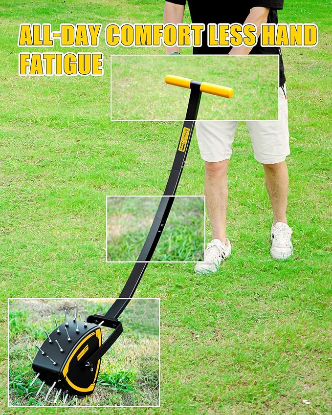 Patented Rolling Lawn Aerator, Heavy Duty Manual Push Tool with 30 Spikes for Soil Loosening, Spike Aeration Roller with Reuleaux Triangle Design for Garden Care, Revives Lawn Health, Save Labour