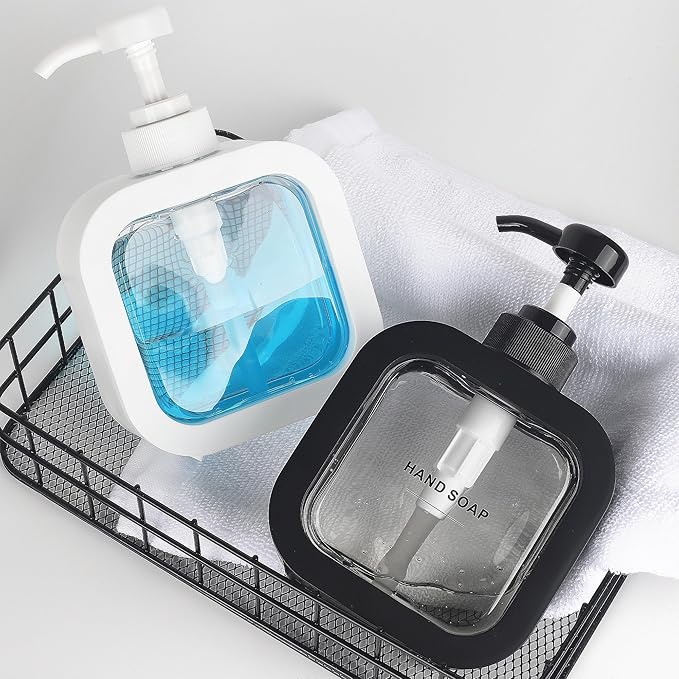 Hand & Dish Soap Dispenser - Modern Plastic Pump with Labels - Black