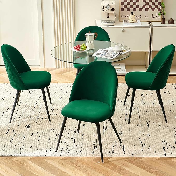 Round Dining Room Table Set for 4, 5 PCS Glass Tulip Kitchen Table Set, Marble Base Living Coffee Table with Upholstered Dining Chairs Luxury Comfy Accent Side Chairs for Small Spaces