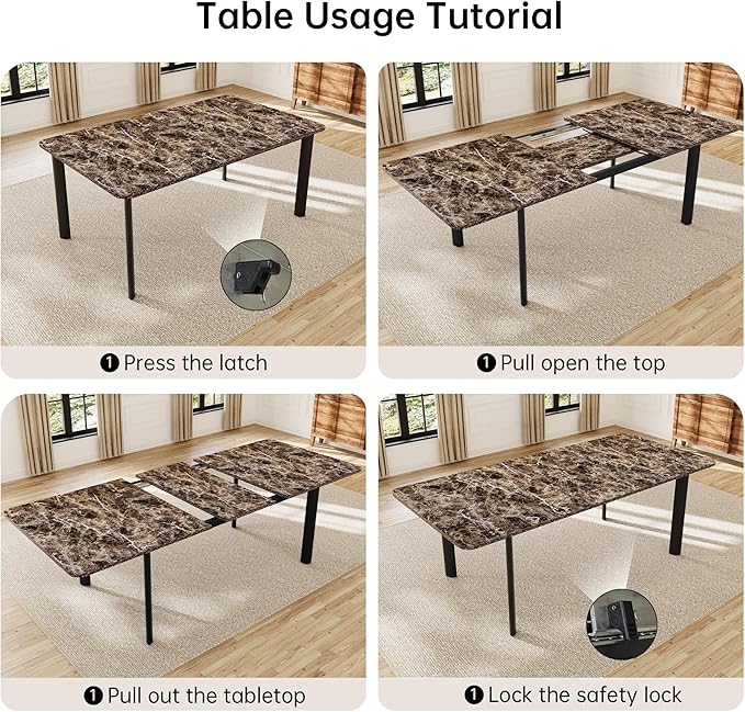 Extendable Dining Table for 6-8 People, 63 to 78.7 Inch Rectangular Table, Brown MDF with Sturdy Metal Legs, Space-Saving for Dining Room, Kitchen, Small Spaces