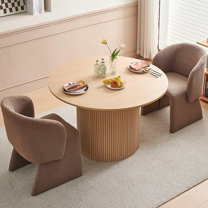 Dining Table Set for 2, 47" Round Kitchen Table with Two-Part Tabletop& Wood Strips Base, Oak Wood Finish Circle Dinner Table with Brown Teddy Velvet Dining Chairs Upholstered