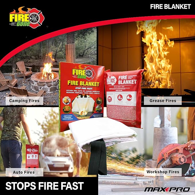 Fire Gone Premium Emergency Fire Blanket 2 Pack - 39.3" x 39.3" For Fire Extinguishing in Home & Kitchen - Fire Safety & Emergency Supplies - Kitchen & Home Fire Extinguisher- Home Essentials Safety