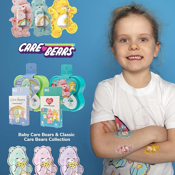 BioSwiss Care Bears Kids Bandages, Classic Care Bear Shaped Self Adhesive Bandage Set, Latex Free, Sterile Wound Care, 50 Count