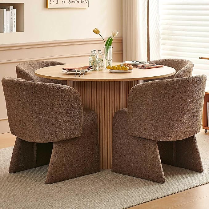 Dining Table Set for 4, 47" Round Kitchen Table with Two-Part Tabletop& Wood Strips Base, Oak Wood Finish Circle Dinner Table with Brown Teddy Velvet Dining Chairs Upholstered