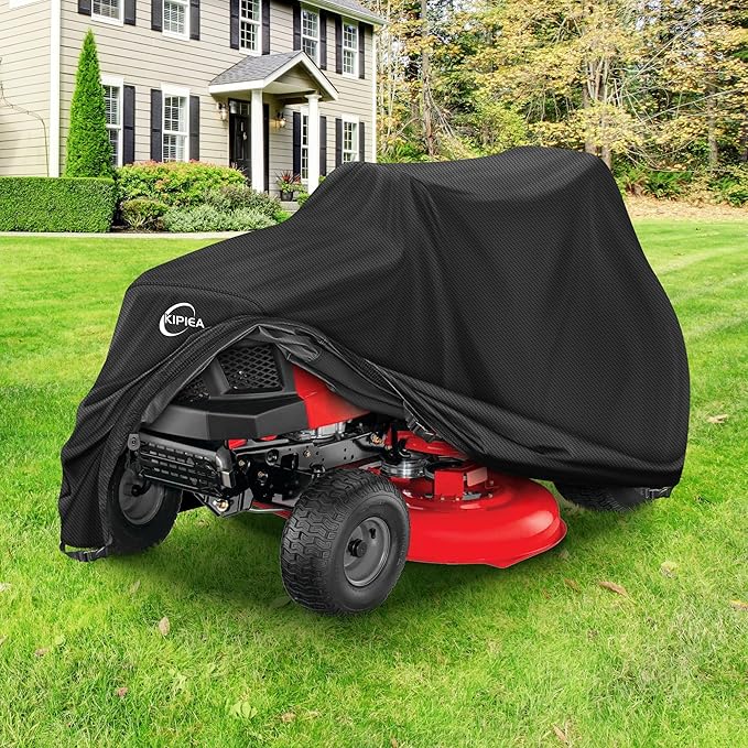 Kipiea Riding Lawn Mower Cover 600D Heavy Duty Lawn Tractor Cover Waterproof, Universal Fit with 4 Buckles, 2 Drawstrings and Storage Bag