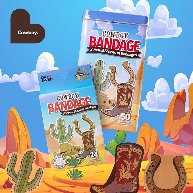 BioSwiss Kids Bandages, Cowboy Shaped Self Adhesive Bandage Set, Latex Free, Sterile Wound Care, 50 Count