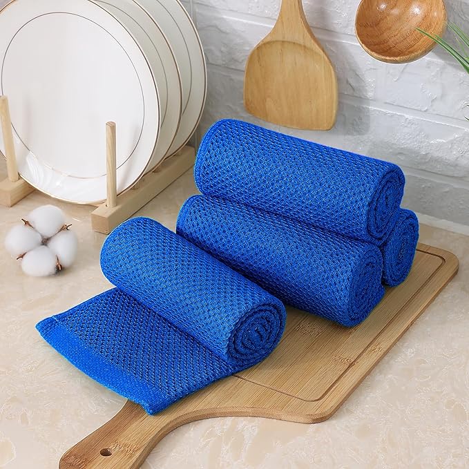Kitinjoy 100% Cotton Waffle Weave Kitchen Towels, 4-Pack Super Soft and Absorbent Dish Towels for Drying Dishes, Kitchen Hand Towels, 13 in x 28 in, Blueberry