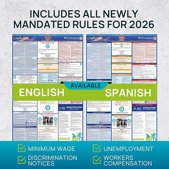 Ohio 2026 Labor Law Posters Bundle – English & Spanish Compliance Combo – OSHA, EEOC, FMLA, Minimum Wage – Durable, Laminated & Waterproof Workplace Employment Posters – Made in USA – 26” x 39.5”