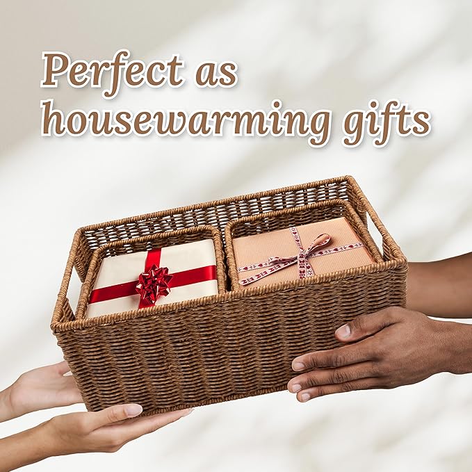 Wicker Basket with Handle, Shelf Baskets for Organizing, Woven Organization Storage with Handles, Resin Wicker Set of 3, Toffee