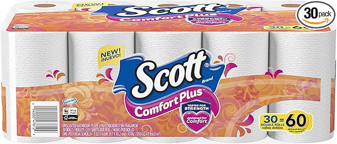 Scott Comfortplus Toilet Paper Double Roll Bath Tissue, 30 Count