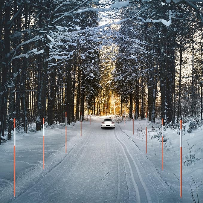 Snow Stakes Driveway Markers Snow Plow Stakes Garden Stakes Fiberglass Orange with Reflective Tape Suit for Snow Plowing Driveway, Parking Lots, Outdoors (50, 48" x 1/4")