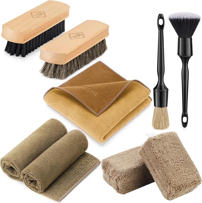 Fantasticlean 9PC Car Detailing Kit,Boars Hair Brush,Horse Hair Bristle,Suede-Coral Cloth,Car Dust Brush,Microfiber Towel & Applicator,Scratch-Free & Ultra-Soft for Leather, Seats & Interior Cleaning