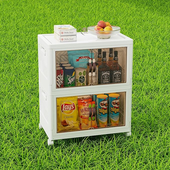 Storage Bins with Lids and Wheels, Collapsible Bathroom Storage Cabinet with Clear Doors, Plastic Stackable Closet Organizers and Storage Containers White 90 QT