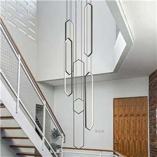 Modern Adjustable Height Chandelier Black 4000K LED Pendant Lights 6 Rings Rectangular Celling Light Staircase Large Chandelier for High Ceilings Foyer Entryway