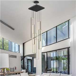 Modern Black Chandelier Dimmable 6 Rings Rectangle Pendant Lighting Living Room Foyer High LED Ceiling Chandelier 4000K Staircase Pendant Light Fixture