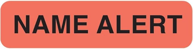 Name Alert Label for Patient Identification Risk 1-1/4” x 5/16” Fluorescent Red Black Text Doctor Stuff 500 Stickers/Roll Permanent Adhesive Boxed