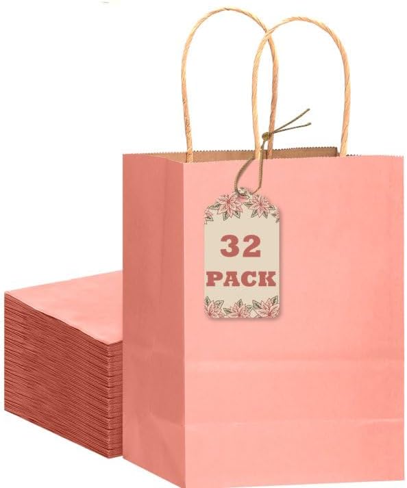 qiqee 32Pcs Small Size Light Pink Kraft Paper GIft Bags with Handles - 8.3"x6"x3.15" Kraft Small Party Bags