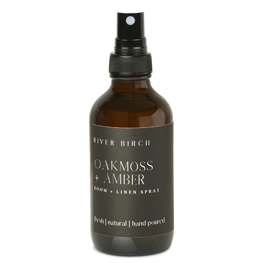 River Birch Oakmoss + Amber Scented Linen and Room Spray | Home Fragrance | 4 oz Glass Amber Bottle | Luxury Signature Scent | Handmade in Texas
