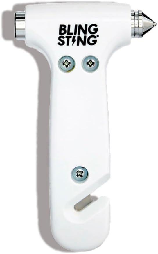 BLINGSTING Safety Hammer - Emergency Automotive Escape Tool with Window Breaker, Seat Belt Cutter & Adjustable Car Visor Strap - Tempered Glass Breaker - Steel Blade - White (1 Count)