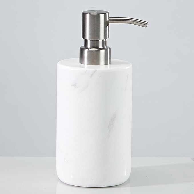White Marble Soap Dispenser, Cylindrical Reusable Hand Liquid Dispenser with Stainless Steel Pump, Natural Organic Stone Lotion Jar, Premium Bathroom Soap Dispenser for Kitchen, Bathroom, Laundry Room