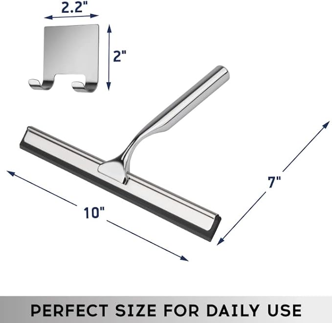DSV Standard All-Purpose Shower Squeegee for Shower Doors, Bathroom, and Car Windshield - Stainless Steel Window Cleaner Tool with Adhesive Hook - 10 inch, Silver