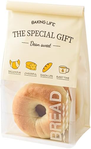 50 Pcs 5.1 Inch Bread Bags with Tin Tie, Bread Pattern Small Loaf Bags Made Of Milky yellow Paper, Storage Packing Bag with Clear Window for Bakery, Cafe, Homemade
