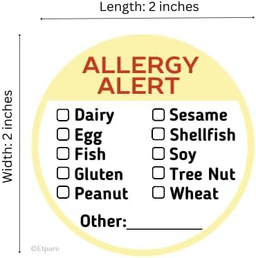 500 Pcs Allergy Stickers, Circular with Top 10 Common Allergen Checklist on Writable Surface, Yellow Adhesive Allergies Label for Kids Allergy Alert and Food Safety Labels (Yellow)