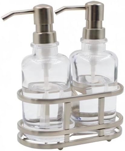 3 Piece Round Heavy Weight Glass Soap Lotion Pump Dispenser Set with Metal Caddy for Home Bath Kitchen Travel Office Hand Crafted Metal Tray Nickel