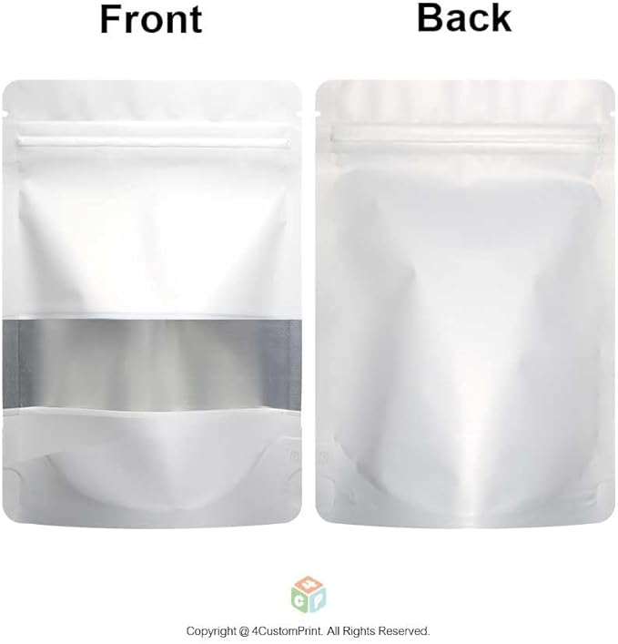 4CP 100 Pcs 3.5x5.0 Inch Zipper Smell Proof Bags with Window, Stand Up Foil Pouches for Food Selfsealing Storage, Reusable Bag for Packaging Small Business, Cookies, Nunt, Candy White