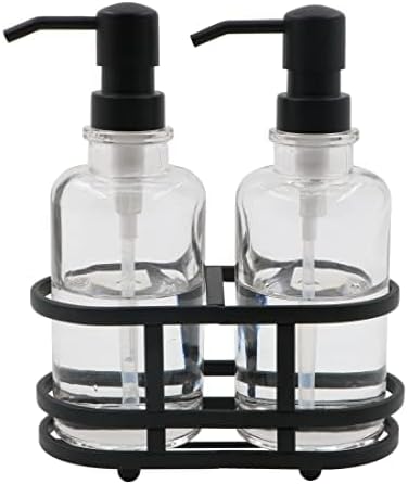 3 Piece Round Heavy Weight Glass Soap Lotion Pump Dispenser Set with Metal Caddy for Home Bath Kitchen Travel Office Hand Crafted Metal Tray Matte Black
