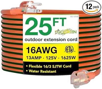 Go Green Power Inc. 16/3 25ft Outdoor Extension Cord with Lighted End - Contractor Grade, Durable, and Moisture Resistant - Ideal for Heavy Duty Tools - GG-13725 (Pack of 12)