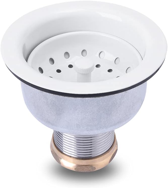 3-1/2 Deep Cup Kitchen Sink Drain Assembly, 304 Stainless Steel Construction With Fixed Post Basket and Long Extended Shank/CAS Approved and White Finish