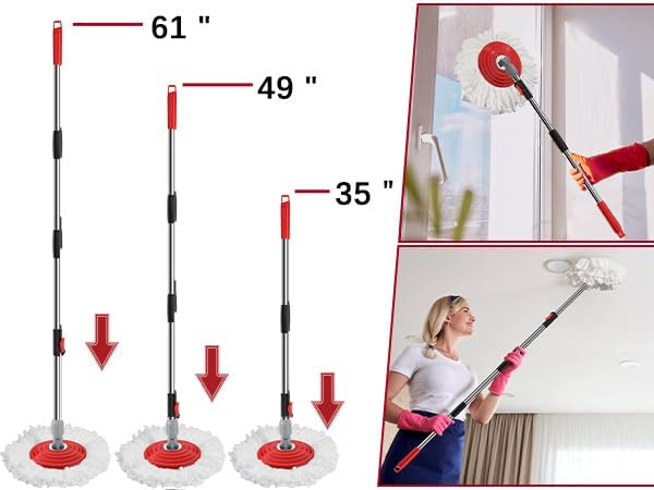 3-Section 35-to-61 Inch Spin Mop Extended Spin Mop Replacement Mop Handle Compatible with Round Spin Mop Bucket Cleaning System, Microfiber Mop Floor Head Mop - Red