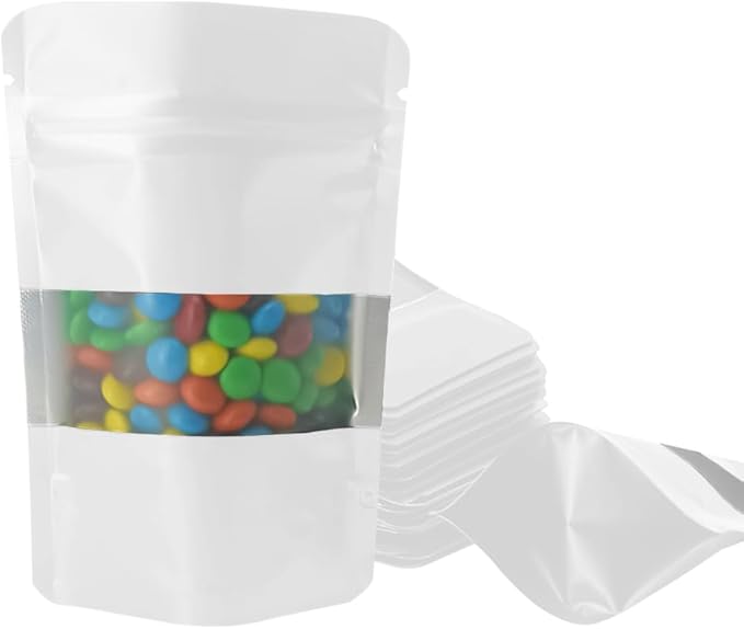 4CP 100 Pcs White Zipper Smell Proof Bags with Window, 3.5x5.0 Inch Stand Up Foil Pouches for Food Selfsealing Storage, Reusable Bag for Packaging Small Business, Cookies, Nunt, Candy