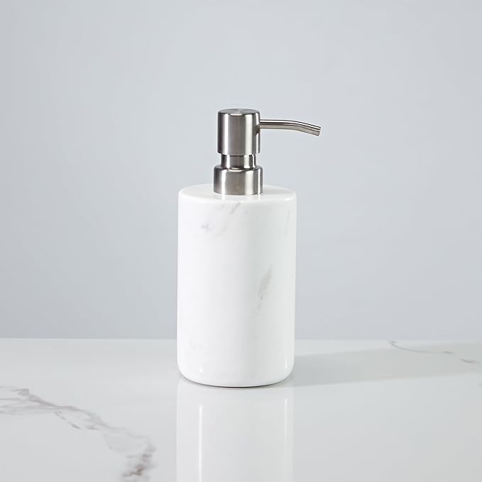 White Marble Soap Dispenser, Cylindrical Reusable Hand Liquid Dispenser with Stainless Steel Pump, Natural Organic Stone Lotion Jar, Premium Bathroom Soap Dispenser for Kitchen, Bathroom, Laundry Room