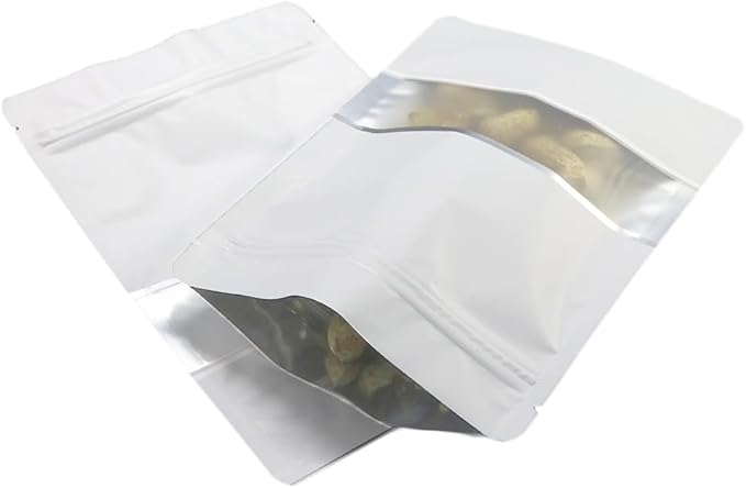 4CP 100 Pcs White Zipper Smell Proof Bags with Window, 6.3x9.5 Inch Stand Up Foil Pouches for Food Selfsealing Storage, Reusable Bag for Packaging Small Business, Cookies, Nunt, Candy