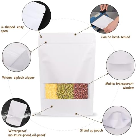 50pcs Kraft Bags with Window 7.1x10 Inches White Reusable Sealable Zip Lock Food Storage Stand up Paper Pouches for Home or Business