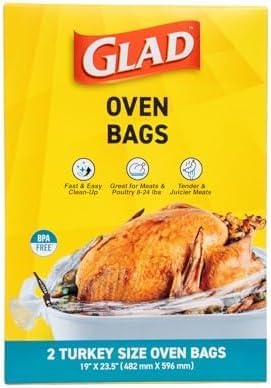 Glad Turkey Size Oven Bags for Meats & Poultry 8-24 lbs – BPA-Free* for Tender, Juicy Roasts with Fast & Easy Clean-Up, Turkey Cooking Bags, Roasting Bags, 19" x 23.5" - 2 Count (Pack of 12)