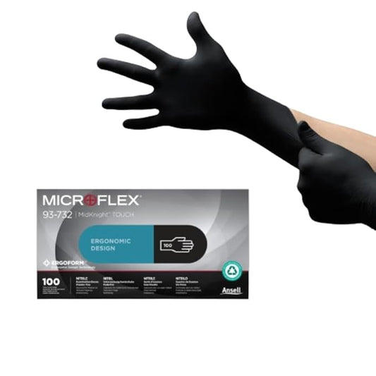 Ansell MICROFLEX Midknight Touch 93-732 Disposable Nitrile Exam Gloves for Auto, Tattoo, Dentistry, Catering, 4.3 mil - Large, Black (Box of 100)