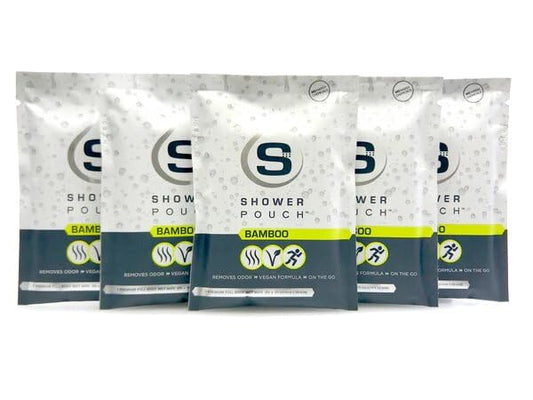 Shower Pouch XL (2' x 1') Bathing Body Wipes for Adults – Aloe-Infused Heatable & Reusable Bath Wipes for Camping, Travel, Outdoor – (5 Pack) Variety Scents