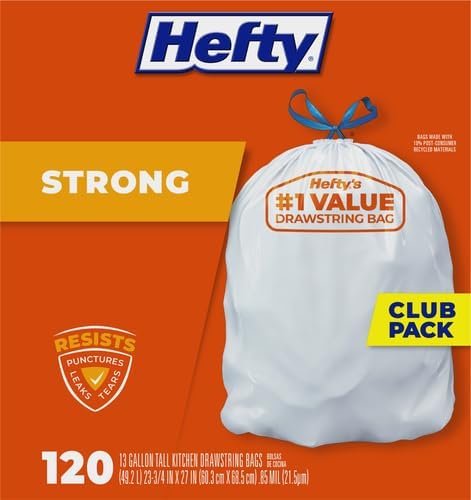 Hefty Strong White 13 Gallon Trash Bags with Drawstrings, Unscented Tall Kitchen Trash Bags, Resists Leaks, Punctures, and Tears, Durable Closure, 120 Ct. (Pack of 3)