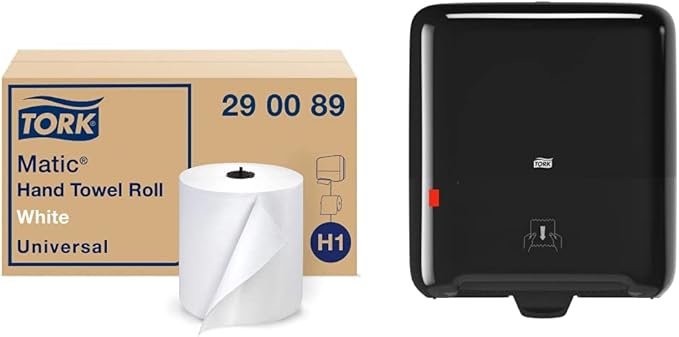 Tork Matic Paper Hand Towel Roll White H1, 6 Rolls x 700 ft, 290089 & Tork Matic Hand Towel Roll Dispenser, Black, Elevation, H1, One-at-a-Time dispensing with Refill Level Indicator, 5510282