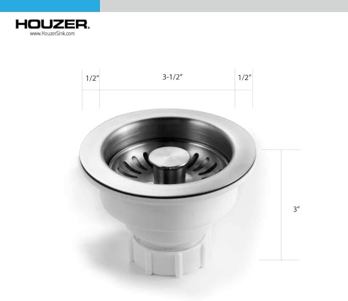 Houzer 190-9300 - 3-1/2 Inch Stainless Steel Deep Cup Kitchen Sink Basket Strainer, Durable Food Catcher Stopper for Metal Kitchen Sink, Ideal for Filtering Waste and Preventing Clogs