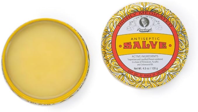 Rawleigh Antiseptic Salve Iconic Yellow Big Tin: 4.5 oz, Multi-Purpose Ointment Soothes Cuts, Bruises, Irritations, with Turpentine, Phenol, Cottonseed Oil & Paraffin, Original Formula - Pack of 6