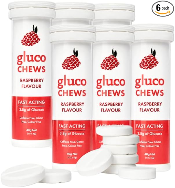 Glucochews Raspberry Glucose Tablets – 60 Tablets (10 per Tube, 6 Pocket-Sized Tubes) – 3.8g Fast-Acting Glucose Each – Boosts Energy – Gluten-Free, Fat-Free, Caffeine-Free