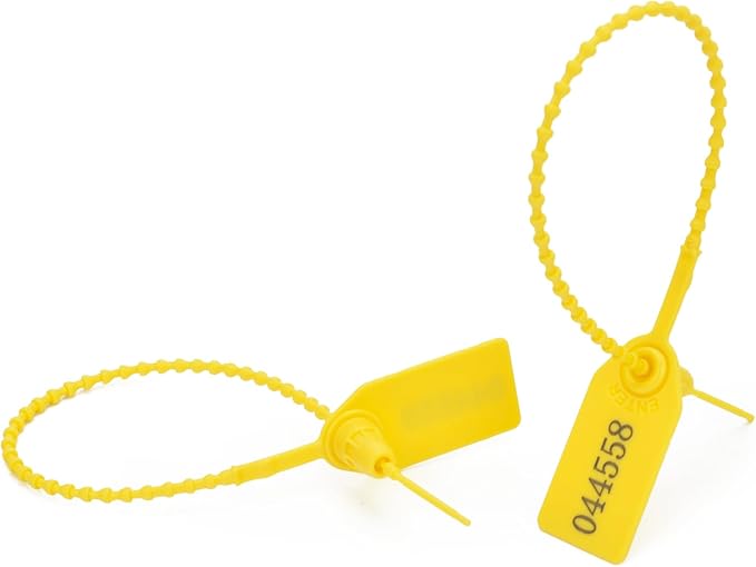 200pcs Plastic Security Tamper Seals Shipping Tags Disposable Signage Numbered Pull Tight Padlock Safety Self-Locking Seal Ties Tag, Yellow