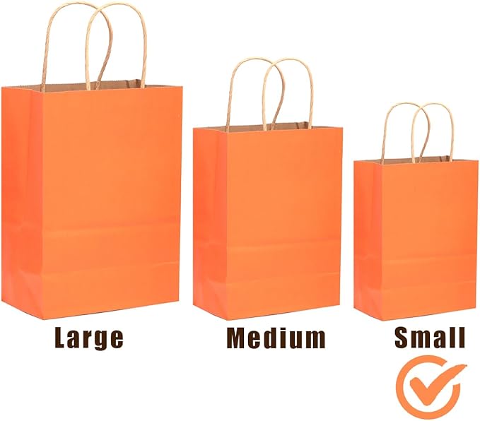 qiqee 32Pcs Small Size Orange Kraft Paper GIft Bags with Handles - 8.3"x6"x3.15" Kraft Small Party Bags